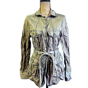 TRANSIT Womens Crinkle Belted Olive Green Cotton Blend Light Jacket Sz 4 Pockets